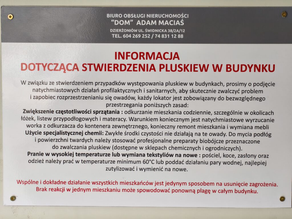 Informacja na temat obecności pluskiew w bloku